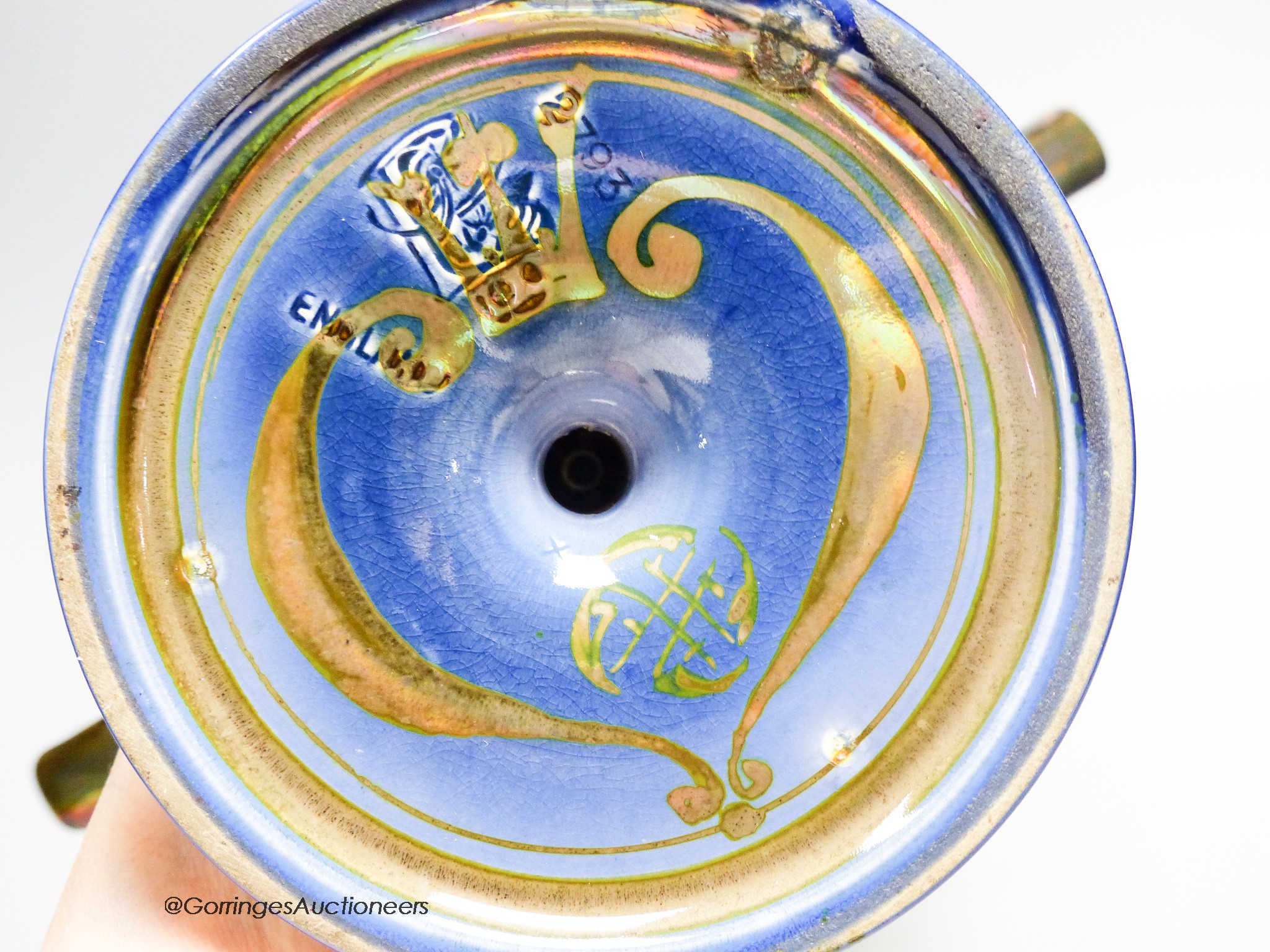 A Pilkingtons Royal Lancastrian lustre loving cup, monogram for Gordon M Forsyth, height 24cm (a.f.)